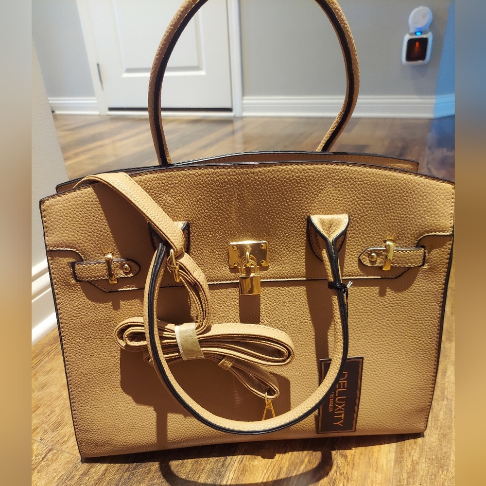 Designer inspired tan and gold buckle handbag
